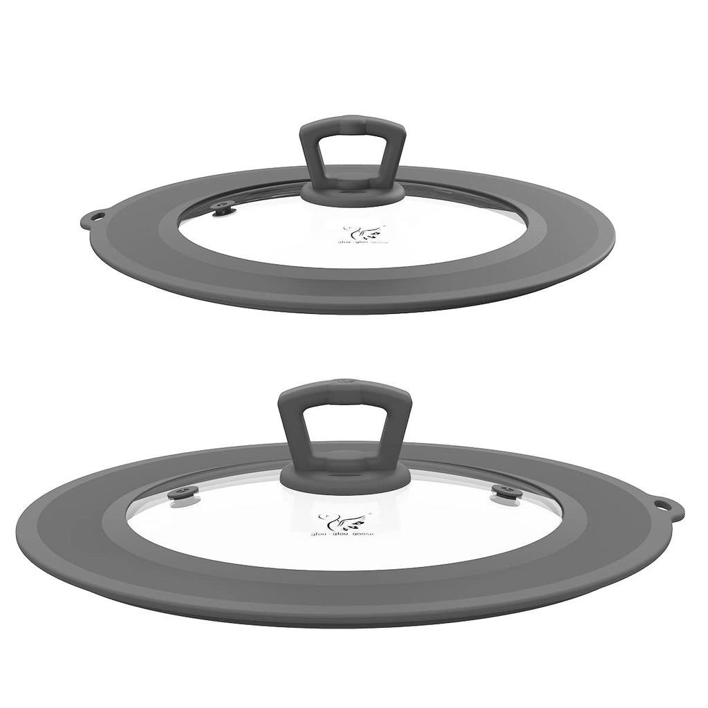 Set of 2 Vented Tempered Glass Universal Lid with Silicone, Light Grey C1250