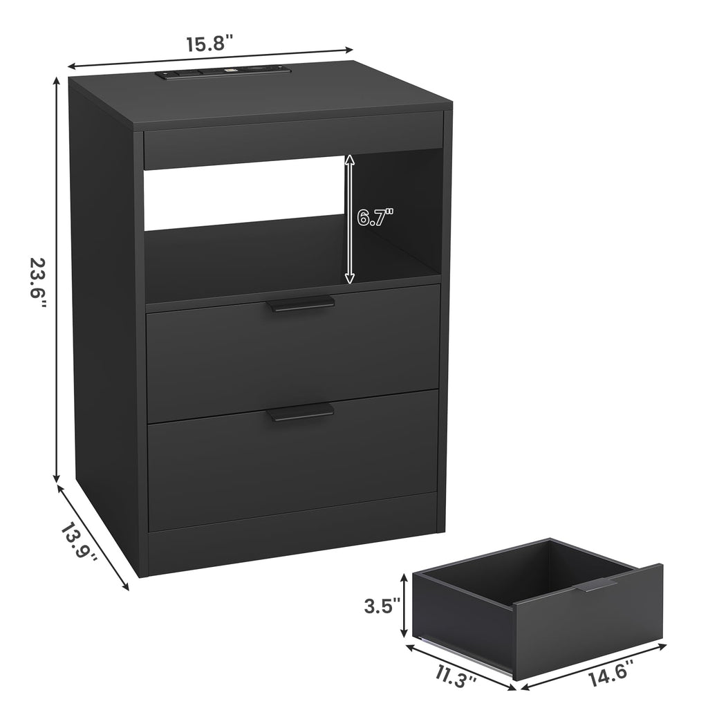 Black LED Nightstand with Wireless Charging Station and 2 Drawers P67784