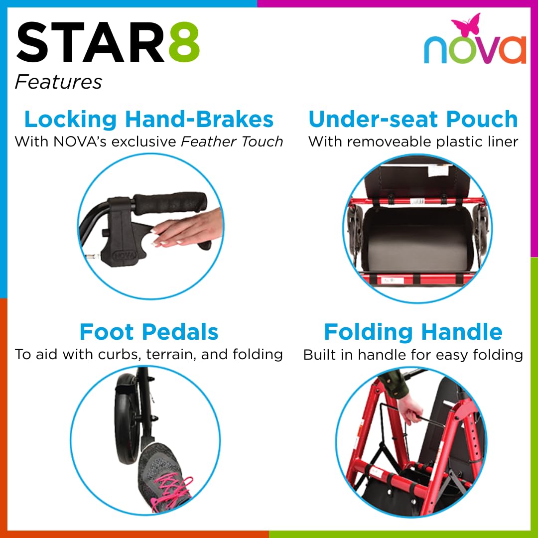 Red 8" Wheel Rollator Walker with Padded Seat W520083