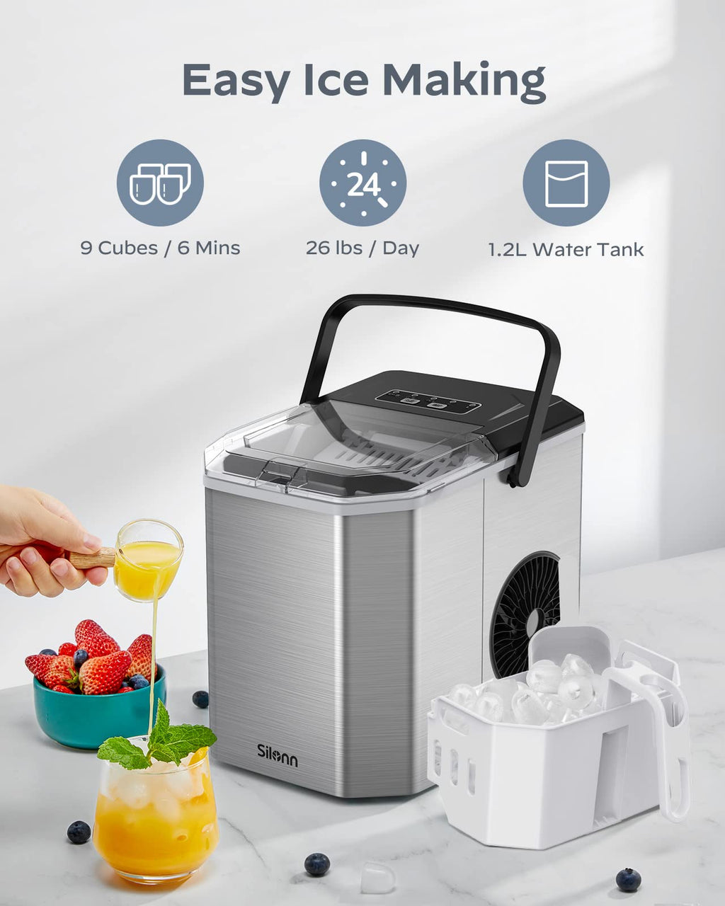 Stainless Steel Portable Countertop Ice Maker with Basket and Scoop K6778