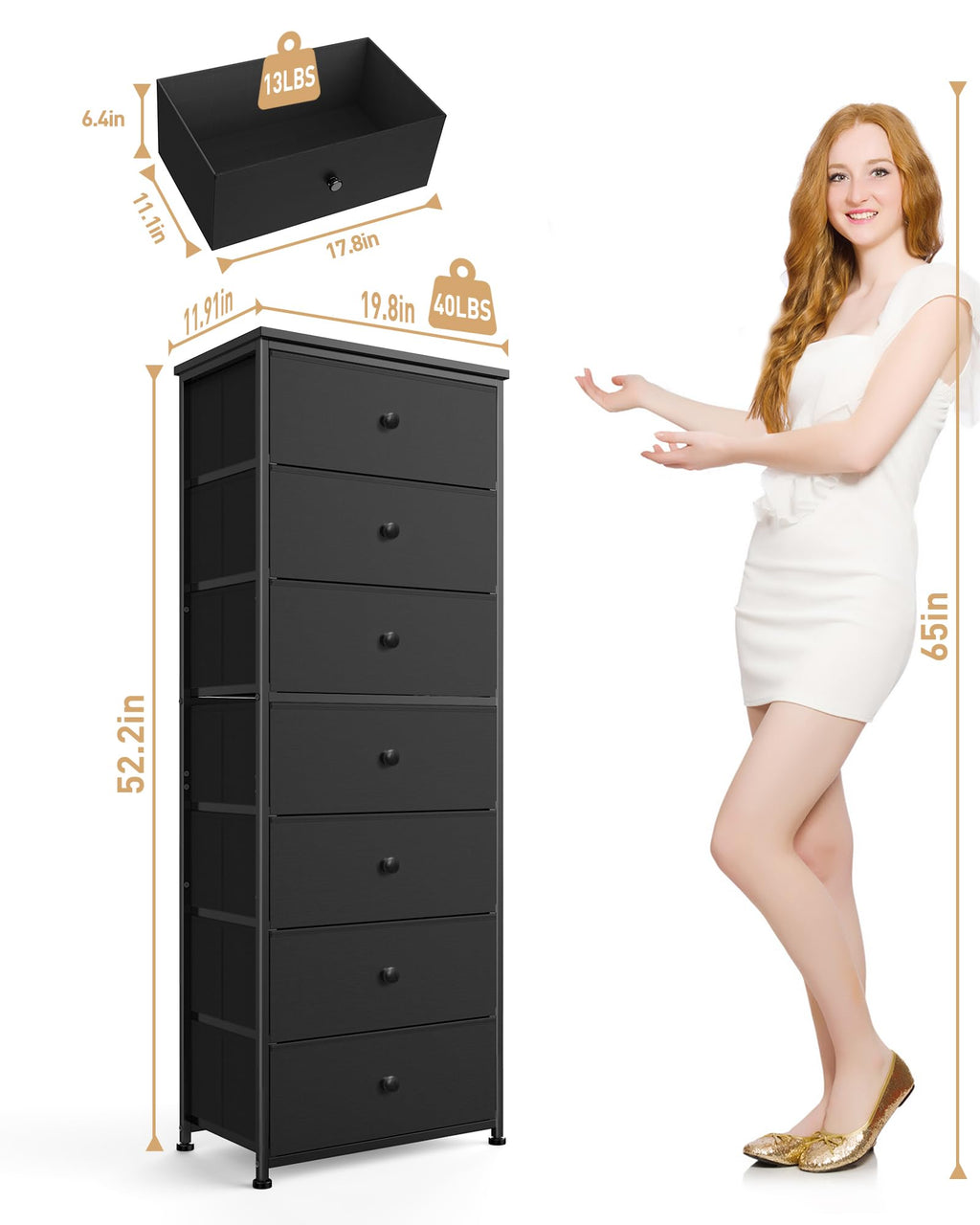 Tall Fabric 7 Drawer Dresser with Steel Frame Wood Top E11485