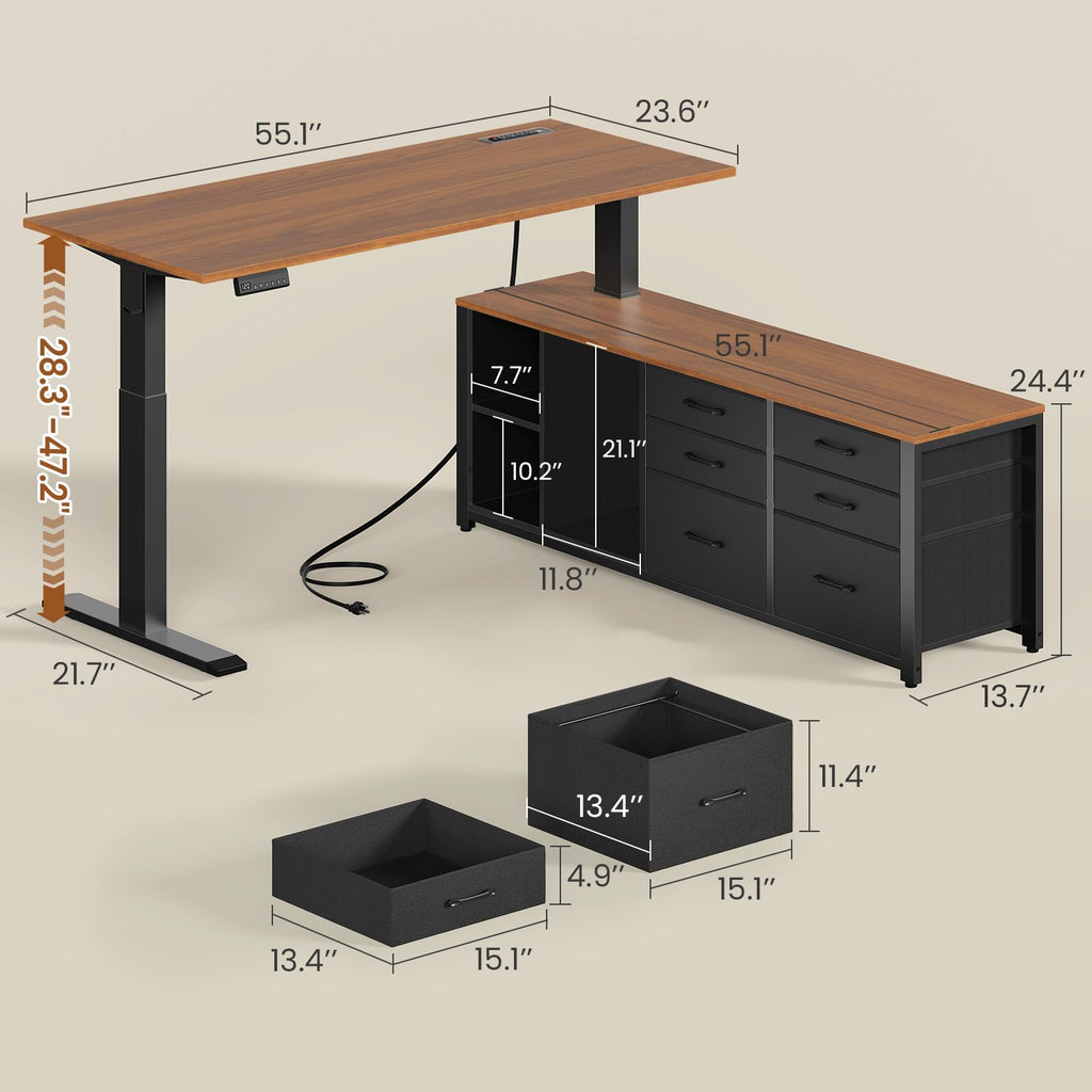 L Shaped Electric Standing Desk, 55" x 55" Height Adjustable Corner Office Desk with 6 Fabric Drawers and Storage Shelves, Stand up Home Office Desk with Power Outlet, Black and Brown B53145
