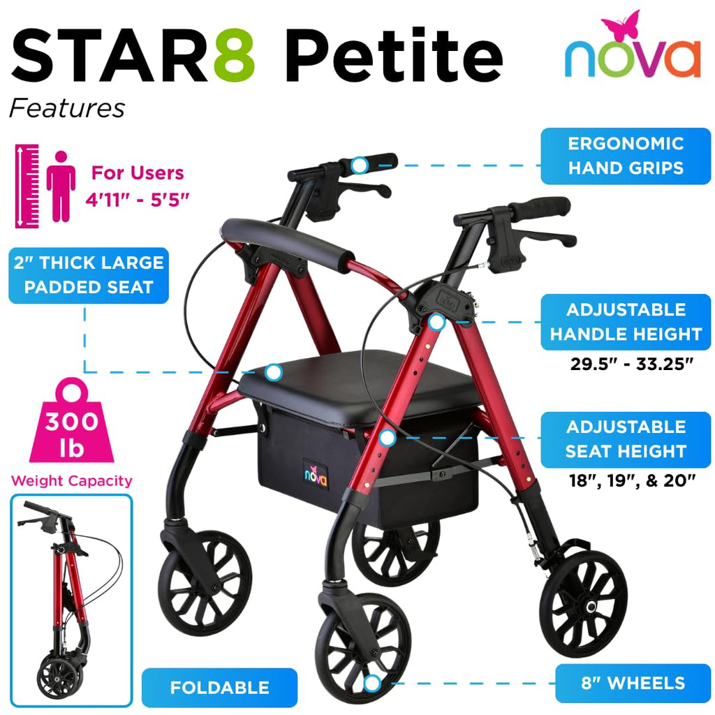 Red 8" Wheel Rollator Walker with Padded Seat W520083
