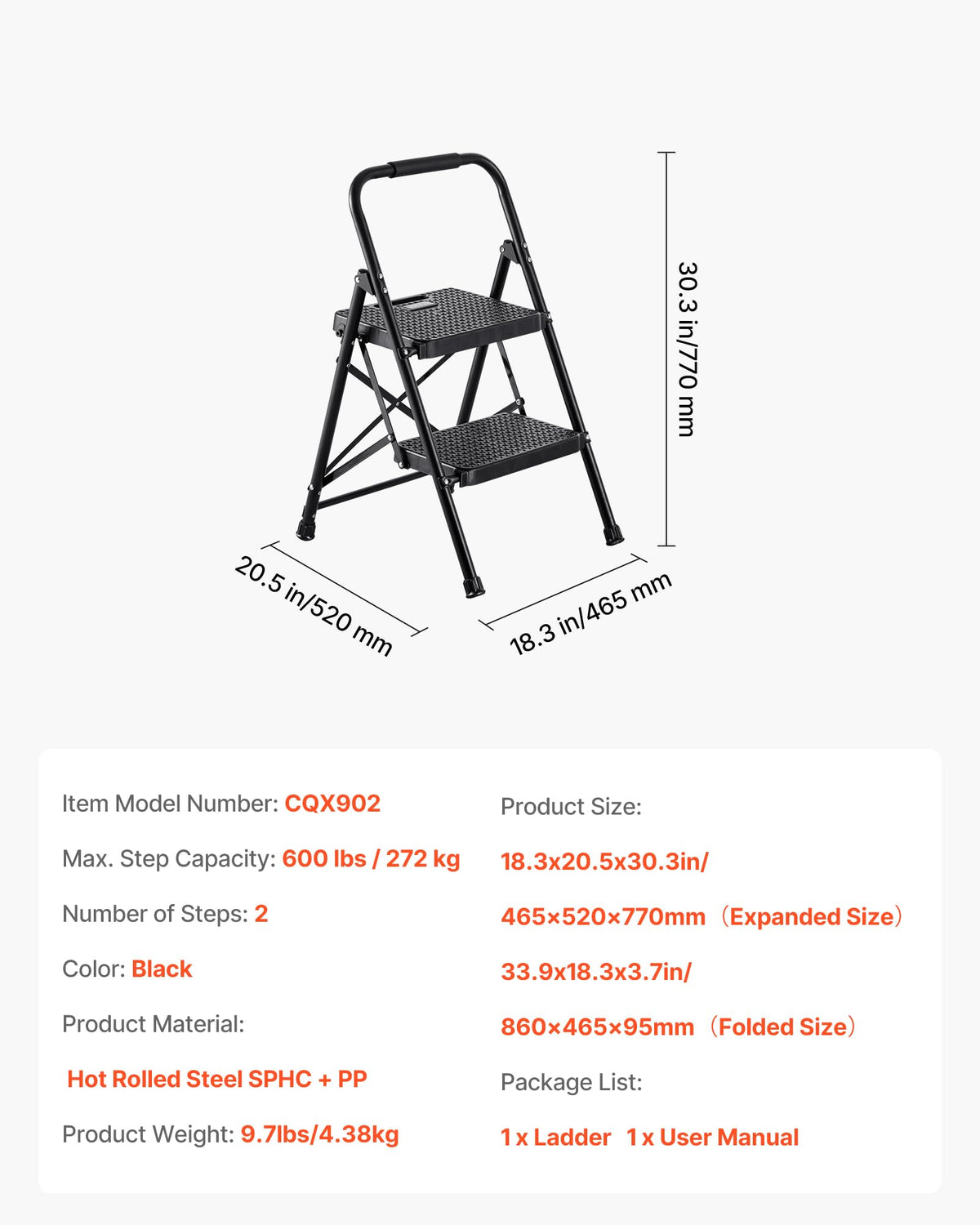 2 Step Folding Steel Ladder 600 lbs Capacity Black T95937