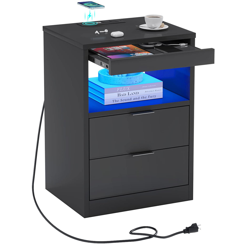 Black LED Nightstand with Wireless Charging Station and 2 Drawers P67784