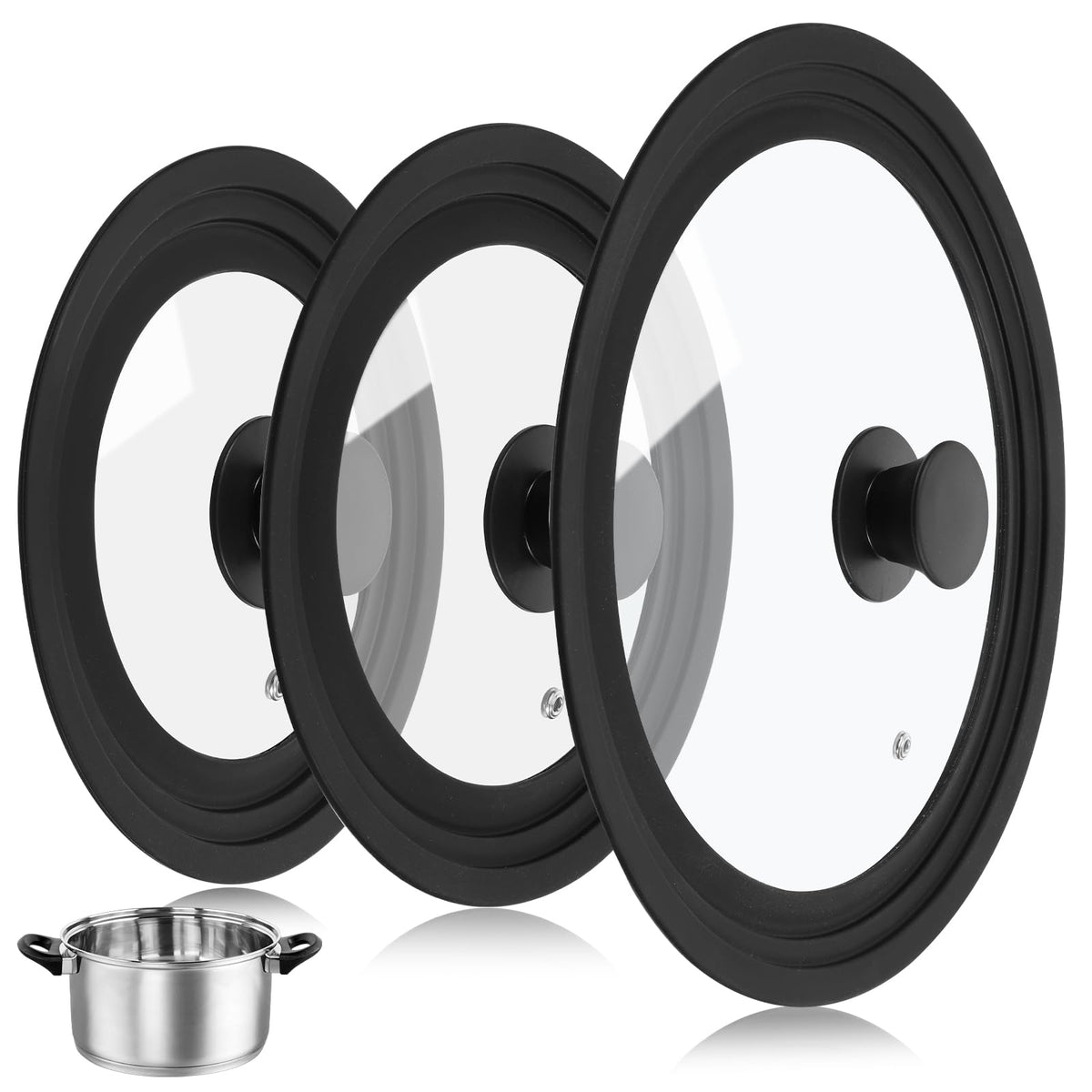 3 Pc Tempered Glass Pot Lids with Silicone Rim U115026