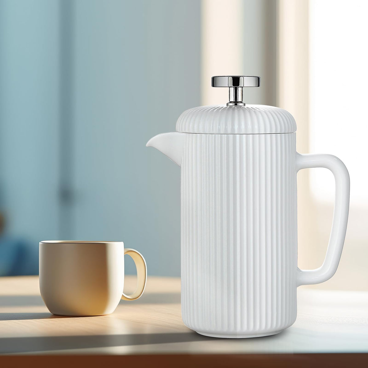 Porcelain French Press 22 fl oz Coffee Tea Maker with Stainless Steel Plunger Ivory M910088
