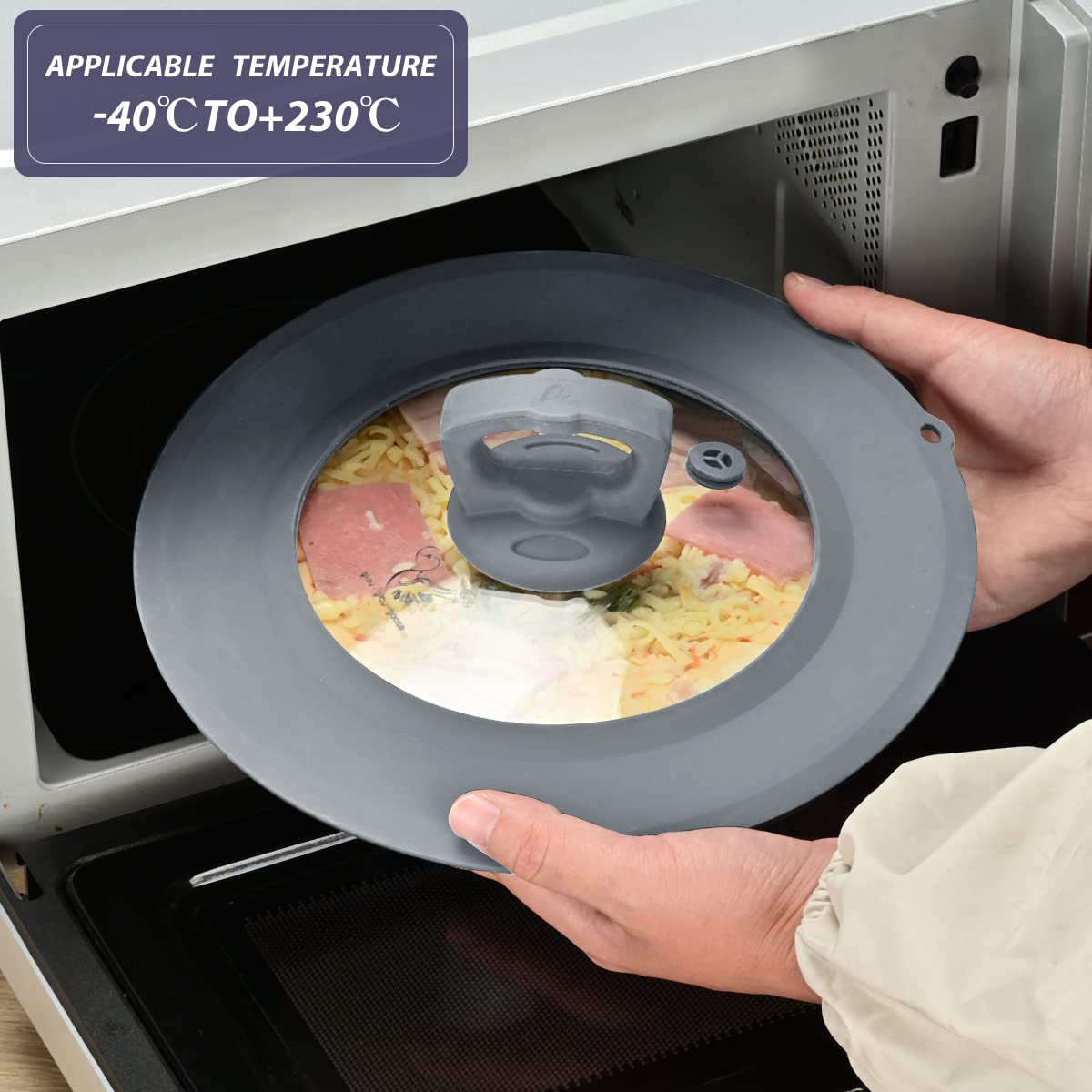 Set of 2 Vented Tempered Glass Universal Lid with Silicone, Light Grey C1250
