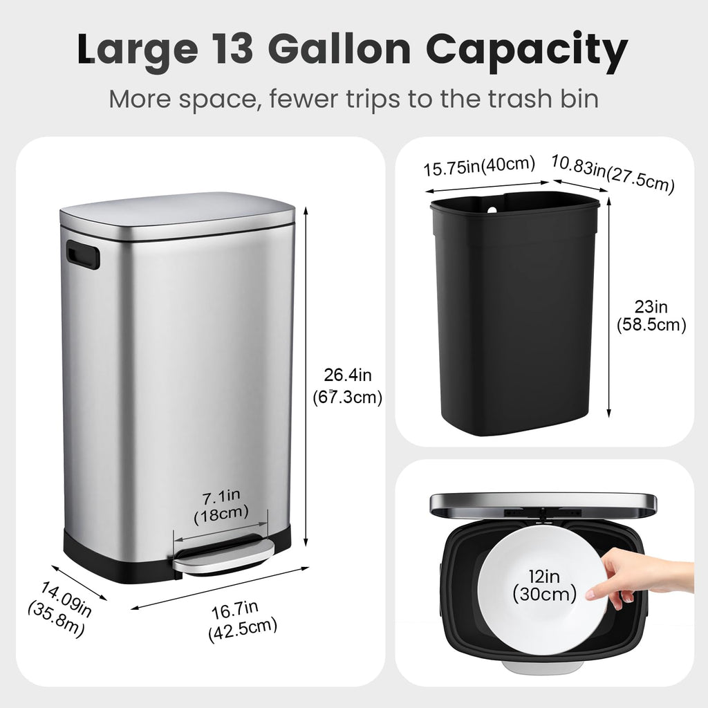 13.2 Gallon Stainless Steel Step Trash Can with Lid Q9389
