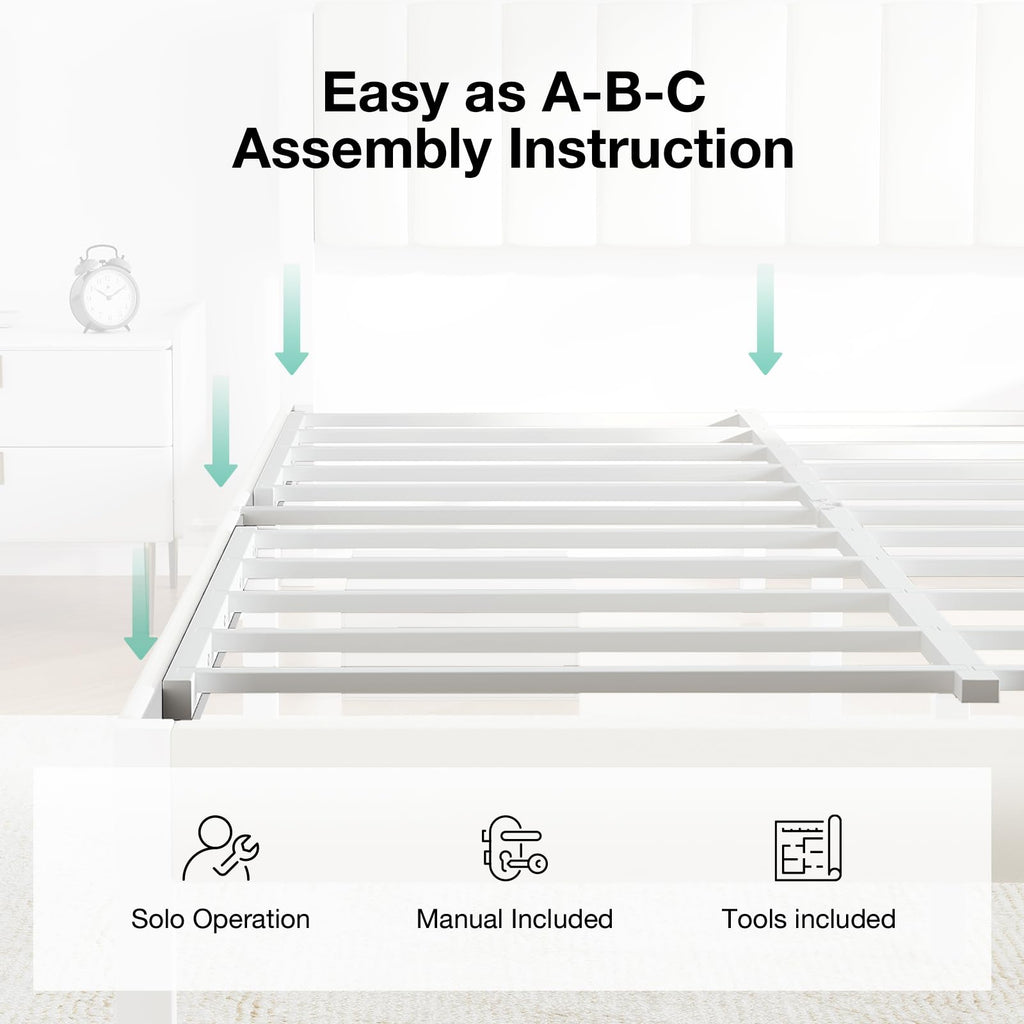 Full Size Metal Platform Bed Frame with Velvet White Headboard E184915