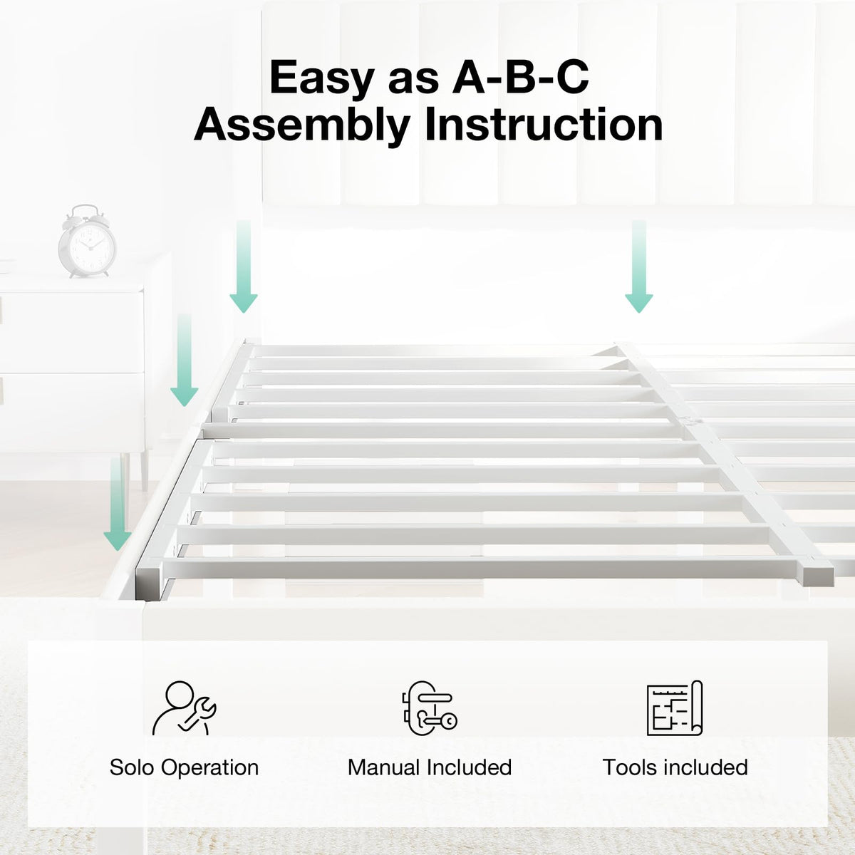 Full Size Metal Platform Bed Frame with Velvet White Headboard E184915
