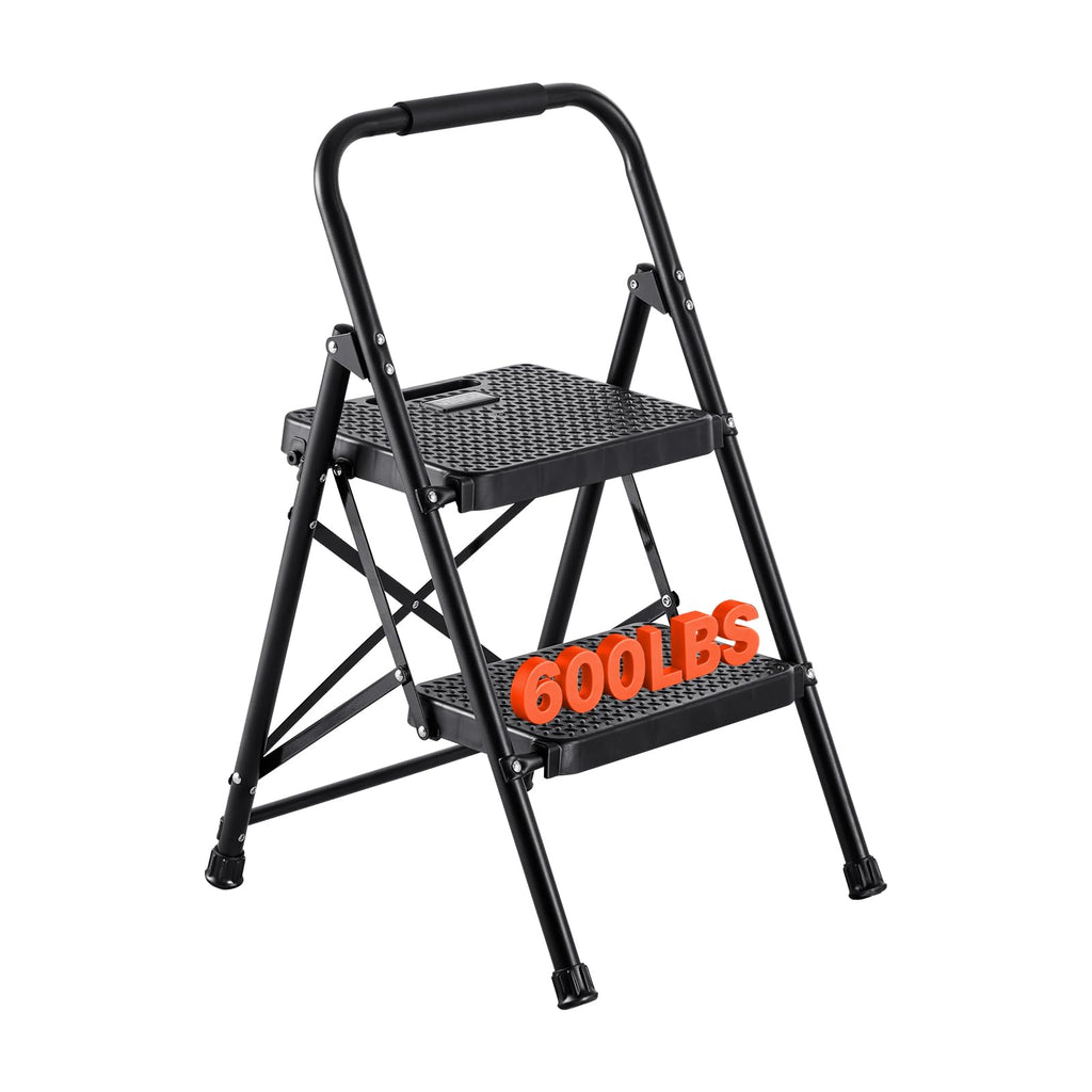 2 Step Folding Steel Ladder 600 lbs Capacity Black T95937