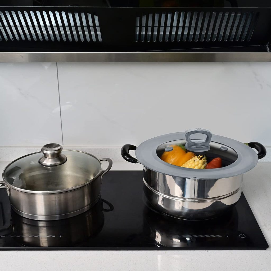 Set of 2 Vented Tempered Glass Universal Lid with Silicone, Light Grey C1250