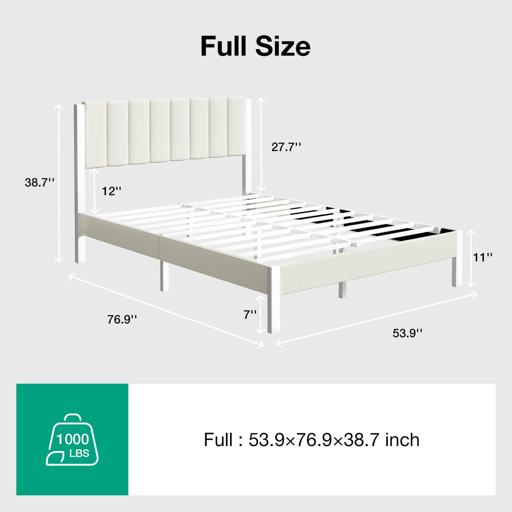Full Size Metal Platform Bed Frame with Velvet White Headboard E184915