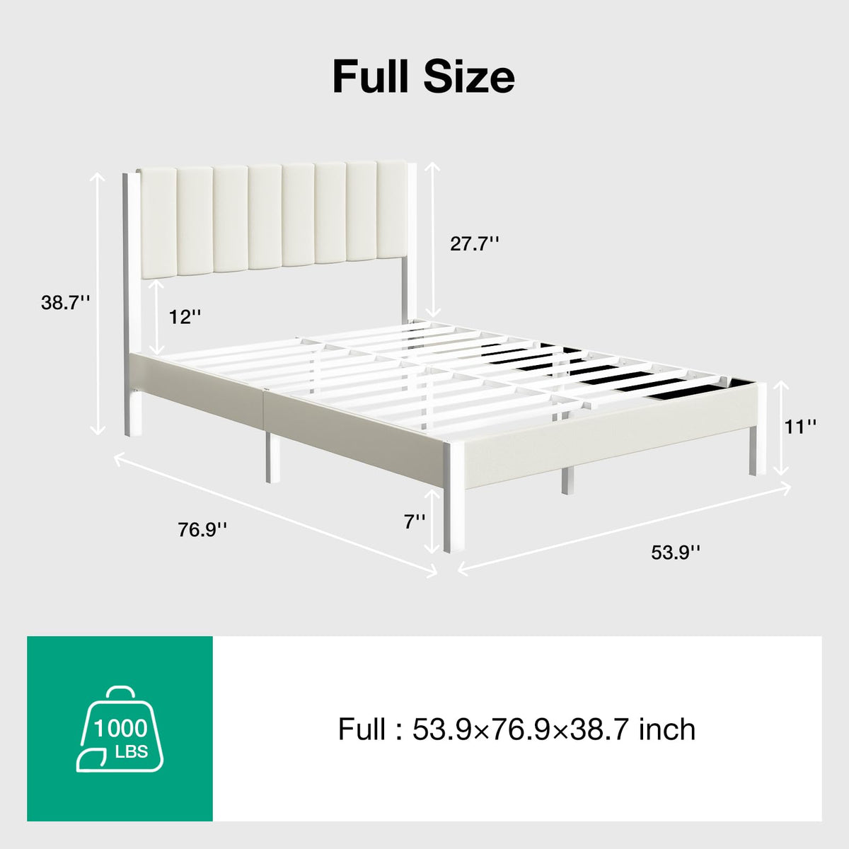 Full Size Metal Platform Bed Frame with Velvet White Headboard E184915