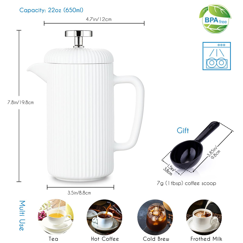 Porcelain French Press 22 fl oz Coffee Tea Maker with Stainless Steel Plunger Ivory M910088