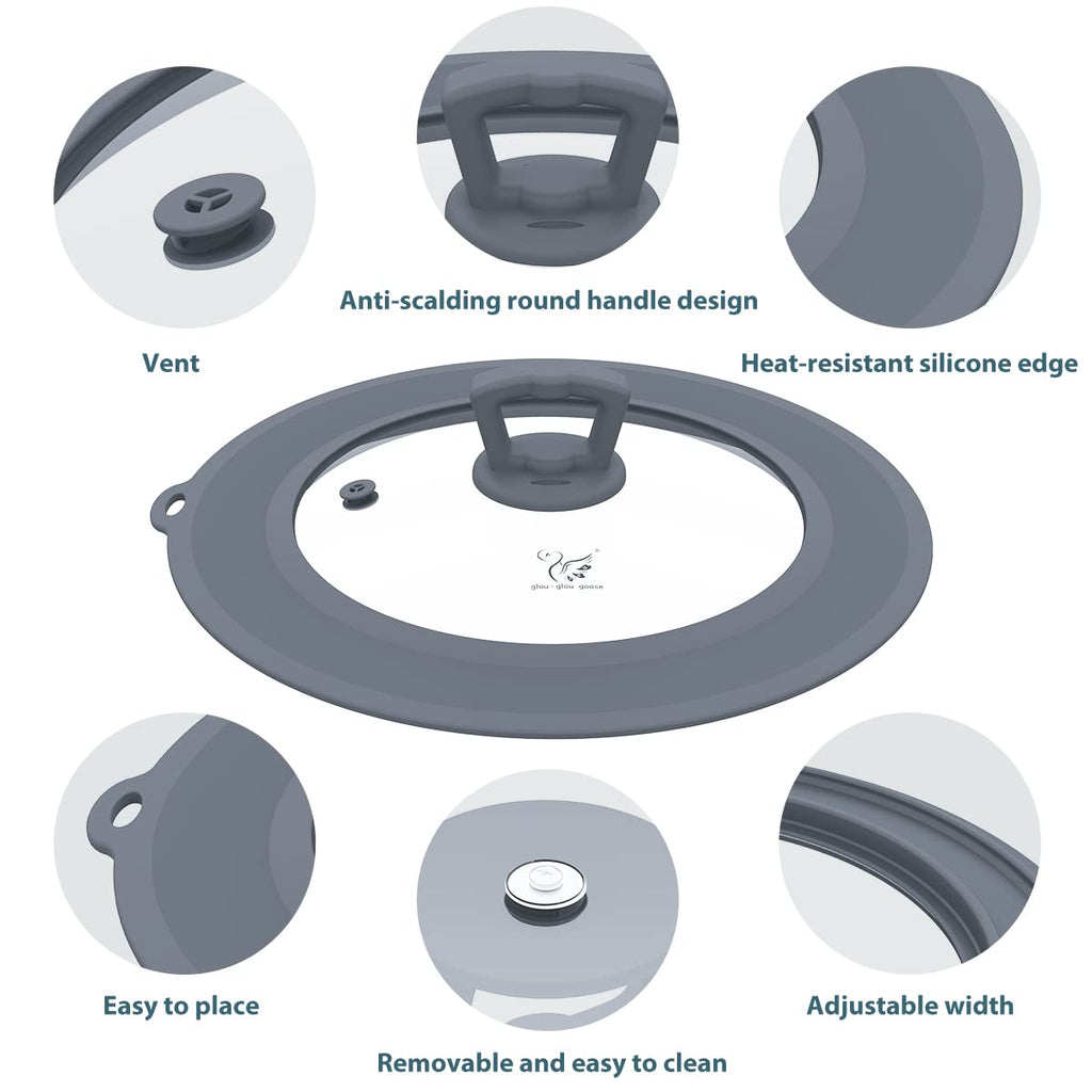 Set of 2 Vented Tempered Glass Universal Lid with Silicone, Light Grey C1250