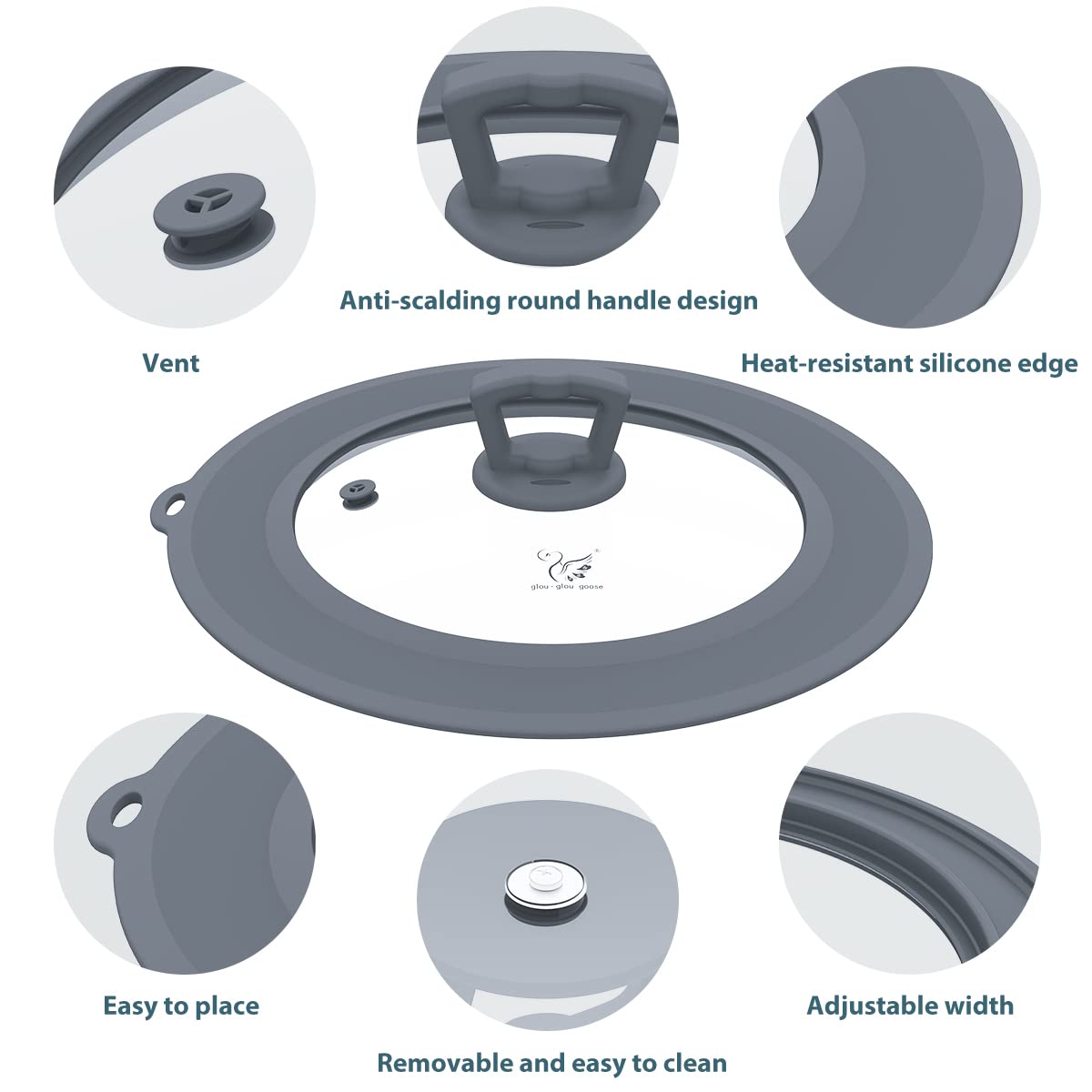 Set of 2 Vented Tempered Glass Universal Lid with Silicone, Light Grey C1250