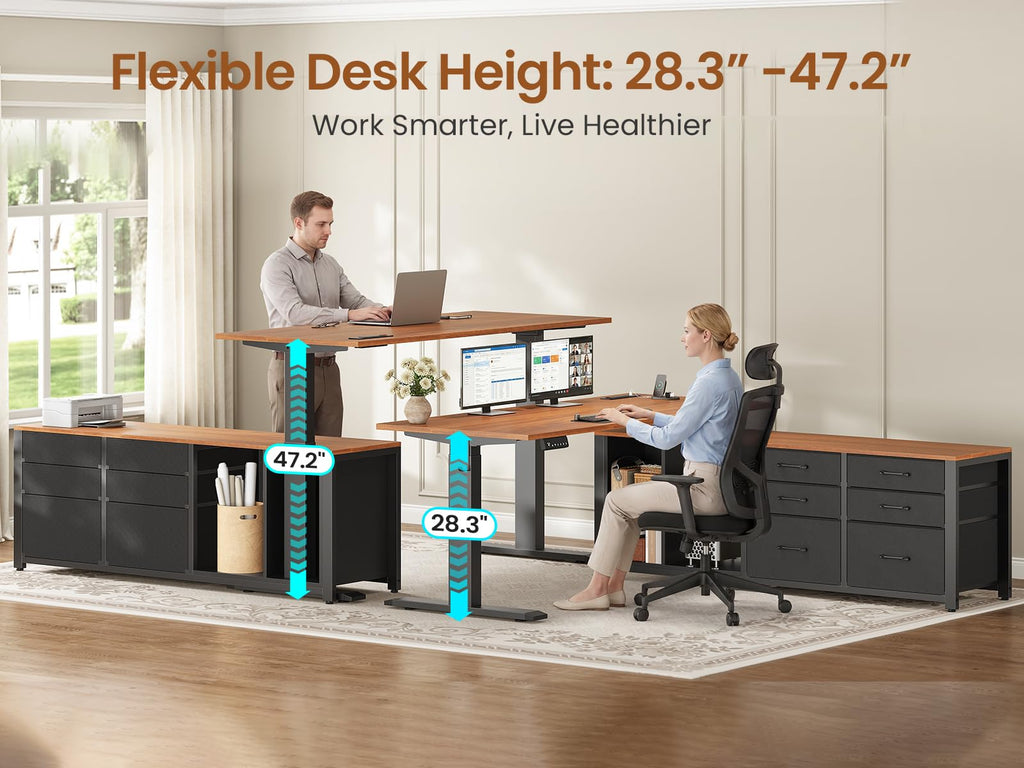 L Shaped Electric Standing Desk, 55" x 55" Height Adjustable Corner Office Desk with 6 Fabric Drawers and Storage Shelves, Stand up Home Office Desk with Power Outlet, Black and Brown B53145