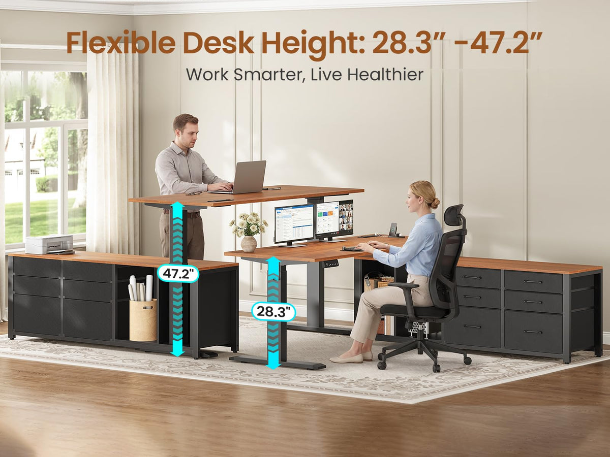 L Shaped Electric Standing Desk, 55" x 55" Height Adjustable Corner Office Desk with 6 Fabric Drawers and Storage Shelves, Stand up Home Office Desk with Power Outlet, Black and Brown B53145