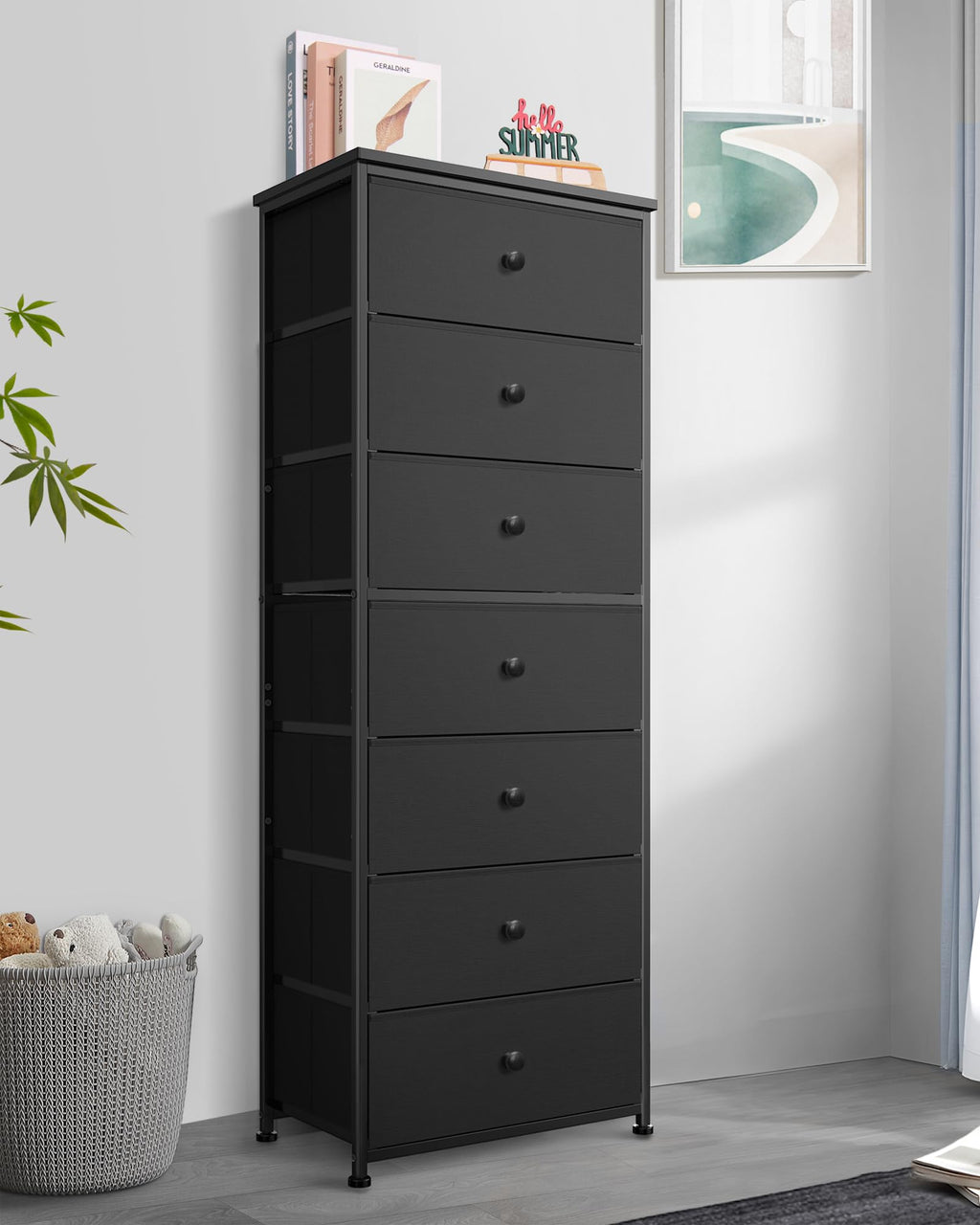 Tall Fabric 7 Drawer Dresser with Steel Frame Wood Top E11485