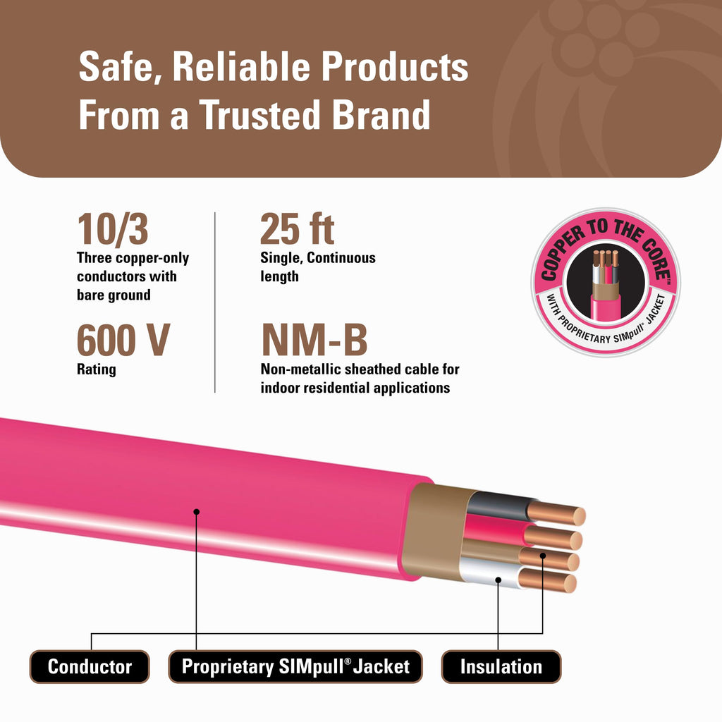 10 Gauge 3 Conductor 25Ft Pink Residential Wire G874499