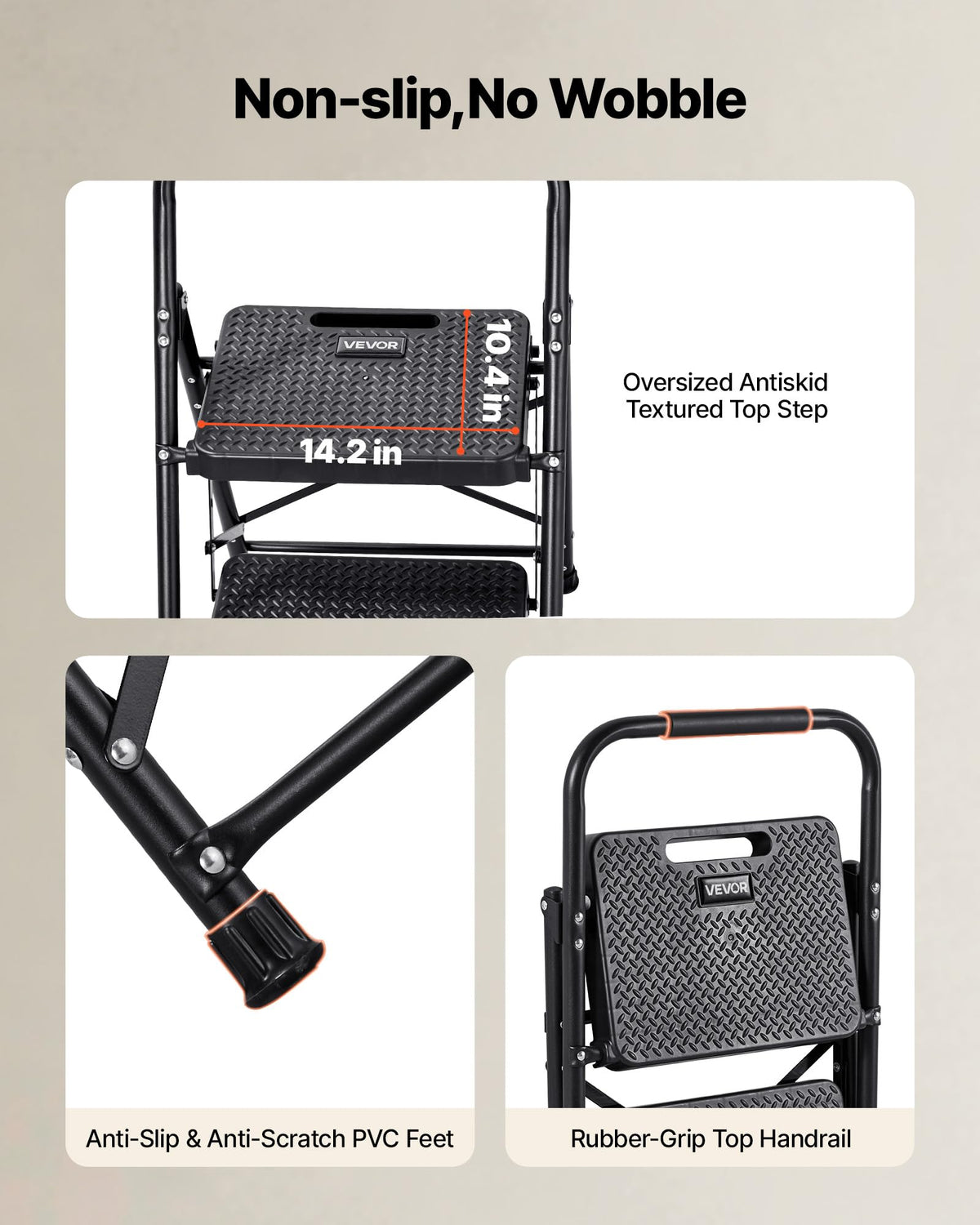 2 Step Folding Steel Ladder 600 lbs Capacity Black T95937