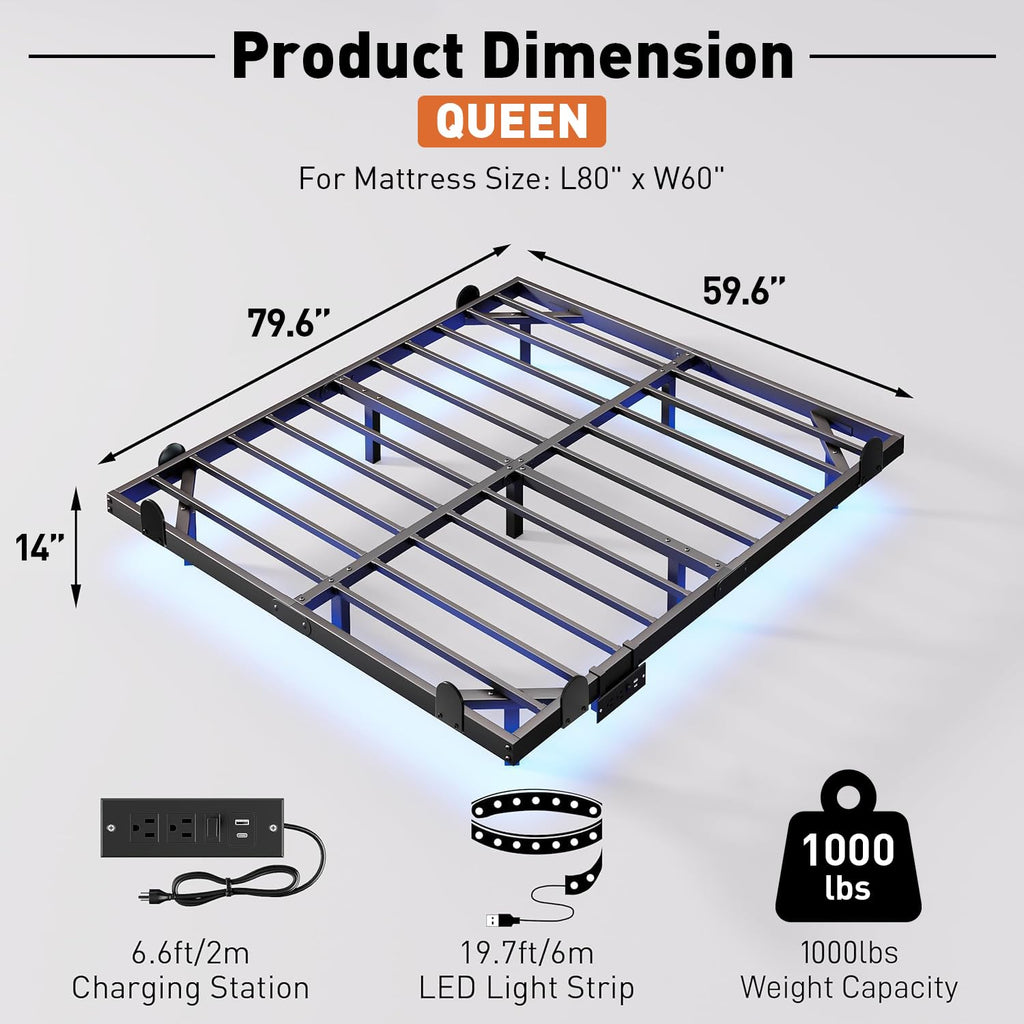 Queen Floating Bed Frame with LED Lights and Charging Station G68573