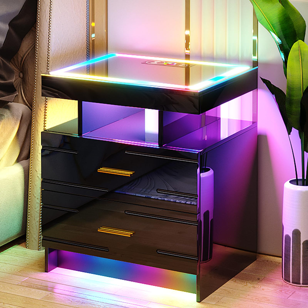 Black Smart Nightstand with Wireless Charging Station F20361