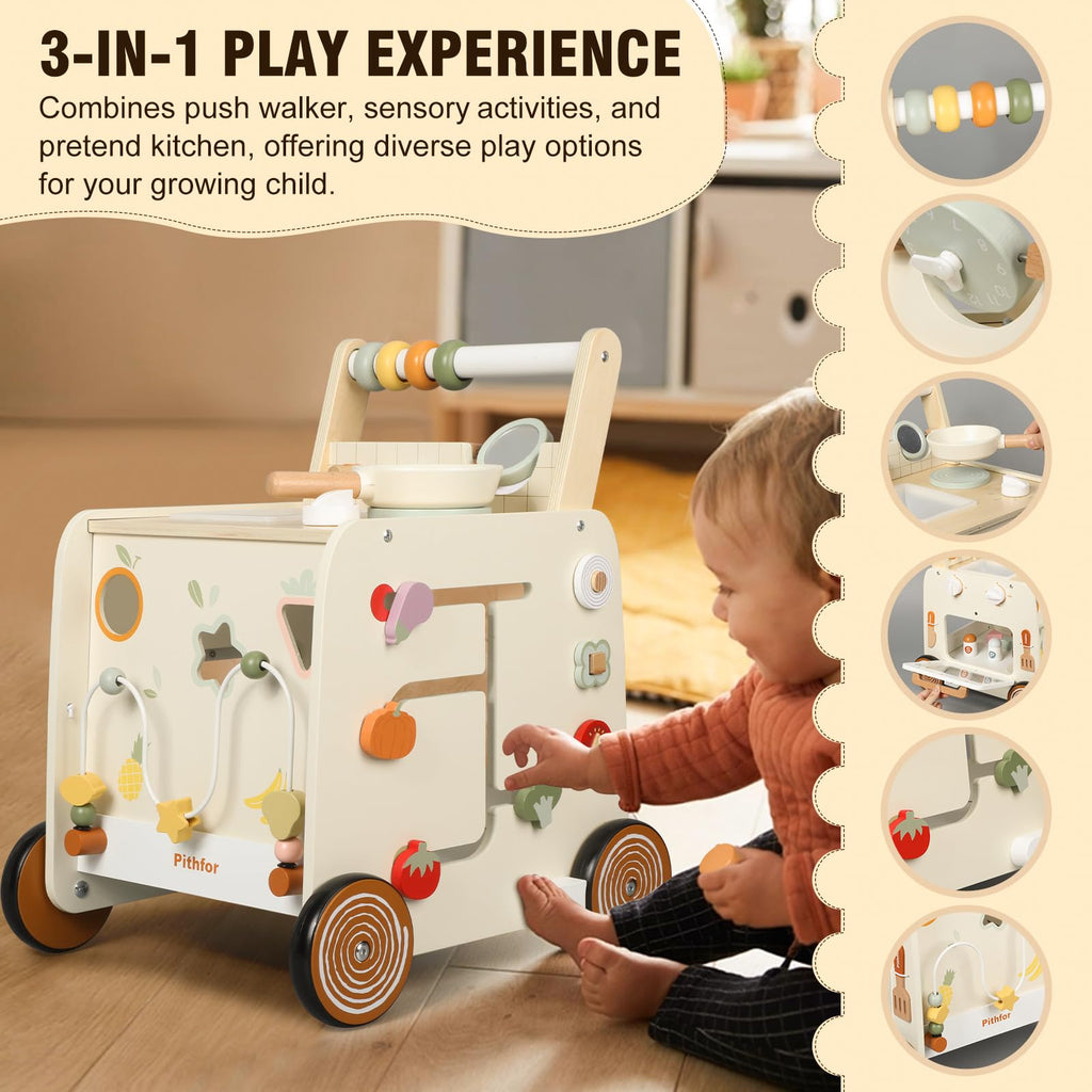 Wooden Baby Push Walker with Pretend Kitchen T607699