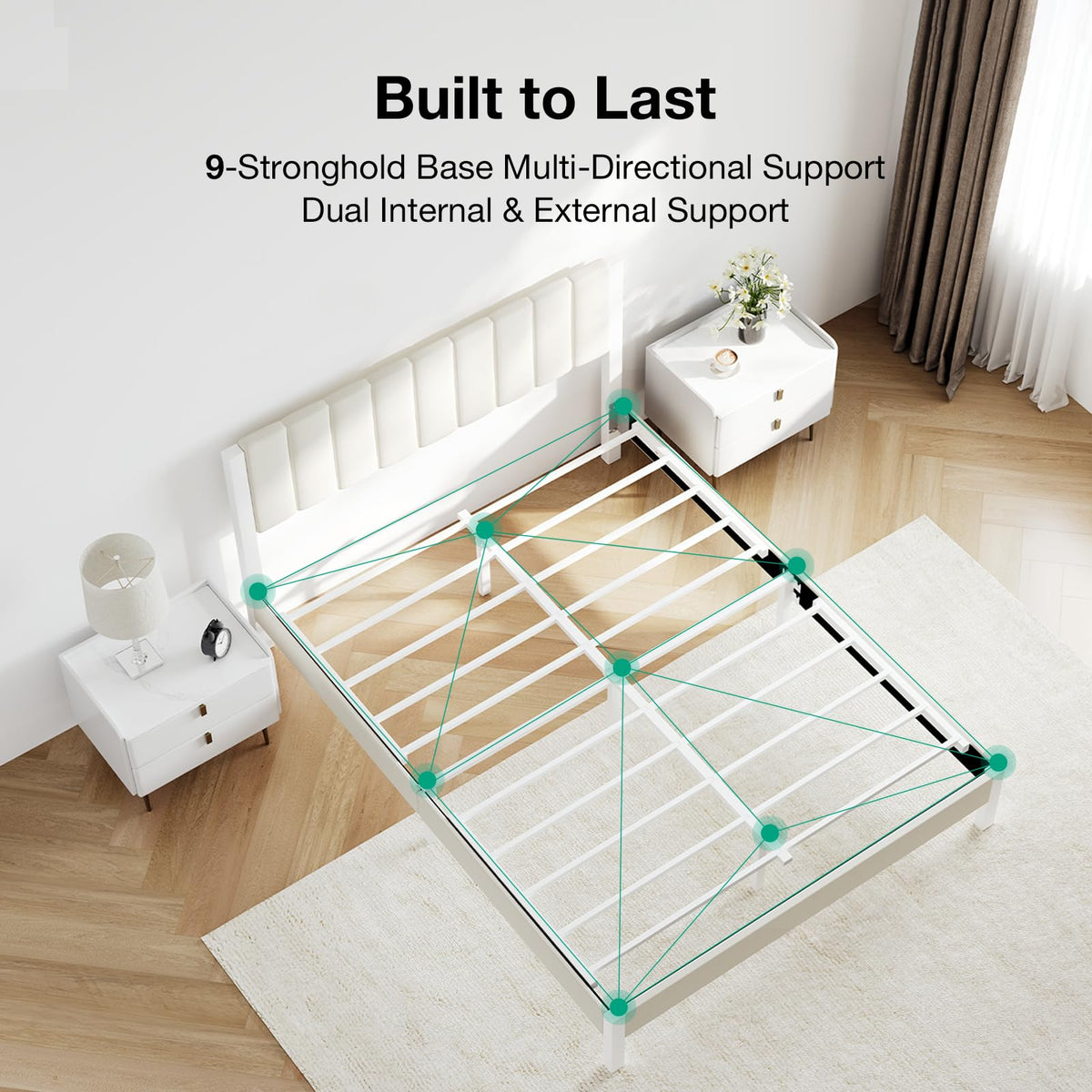Full Size Metal Platform Bed Frame with Velvet White Headboard E184915