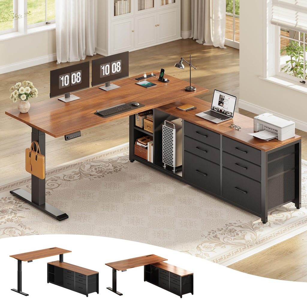 L Shaped Electric Standing Desk, 55" x 55" Height Adjustable Corner Office Desk with 6 Fabric Drawers and Storage Shelves, Stand up Home Office Desk with Power Outlet, Black and Brown B53145