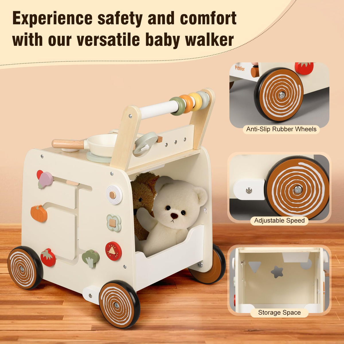 Wooden Baby Push Walker with Pretend Kitchen T607699