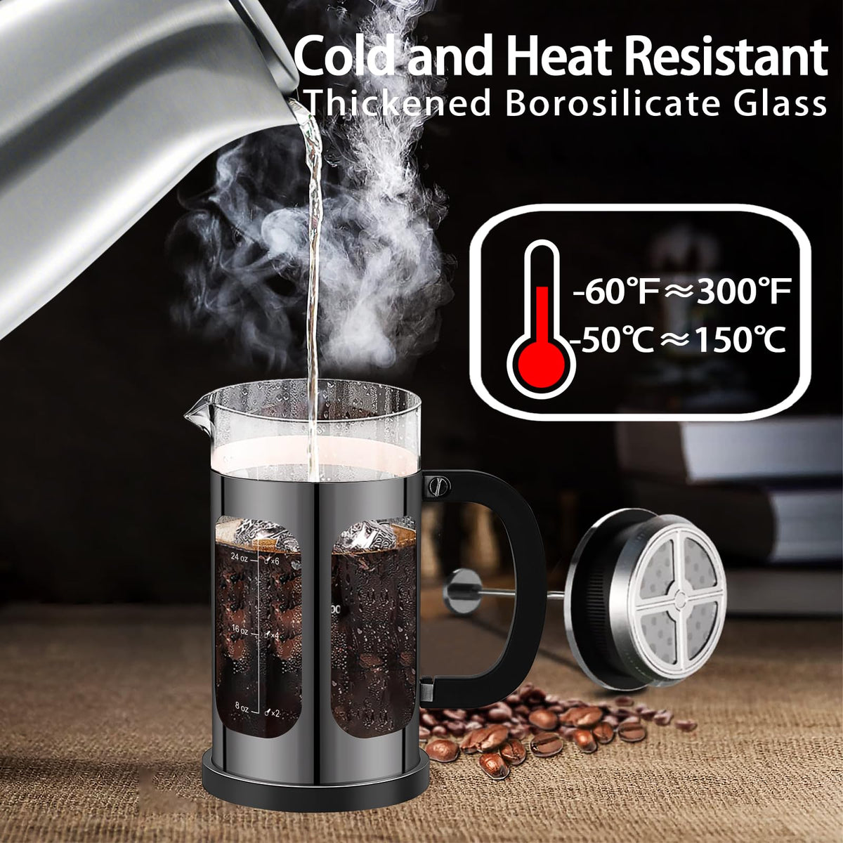 French Press Coffee Maker 34oz with 4 Filters Borosilicate Glass N542