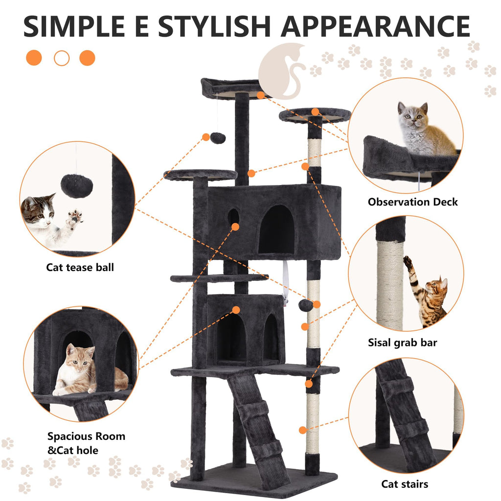 70 Inch Dark Grey Cat Tree Tower with Scratching Post Q8251