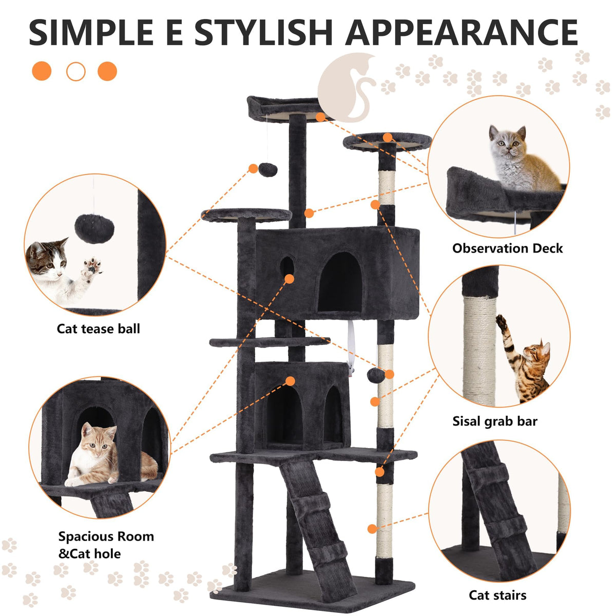 70 Inch Dark Grey Cat Tree Tower with Scratching Post Q8251