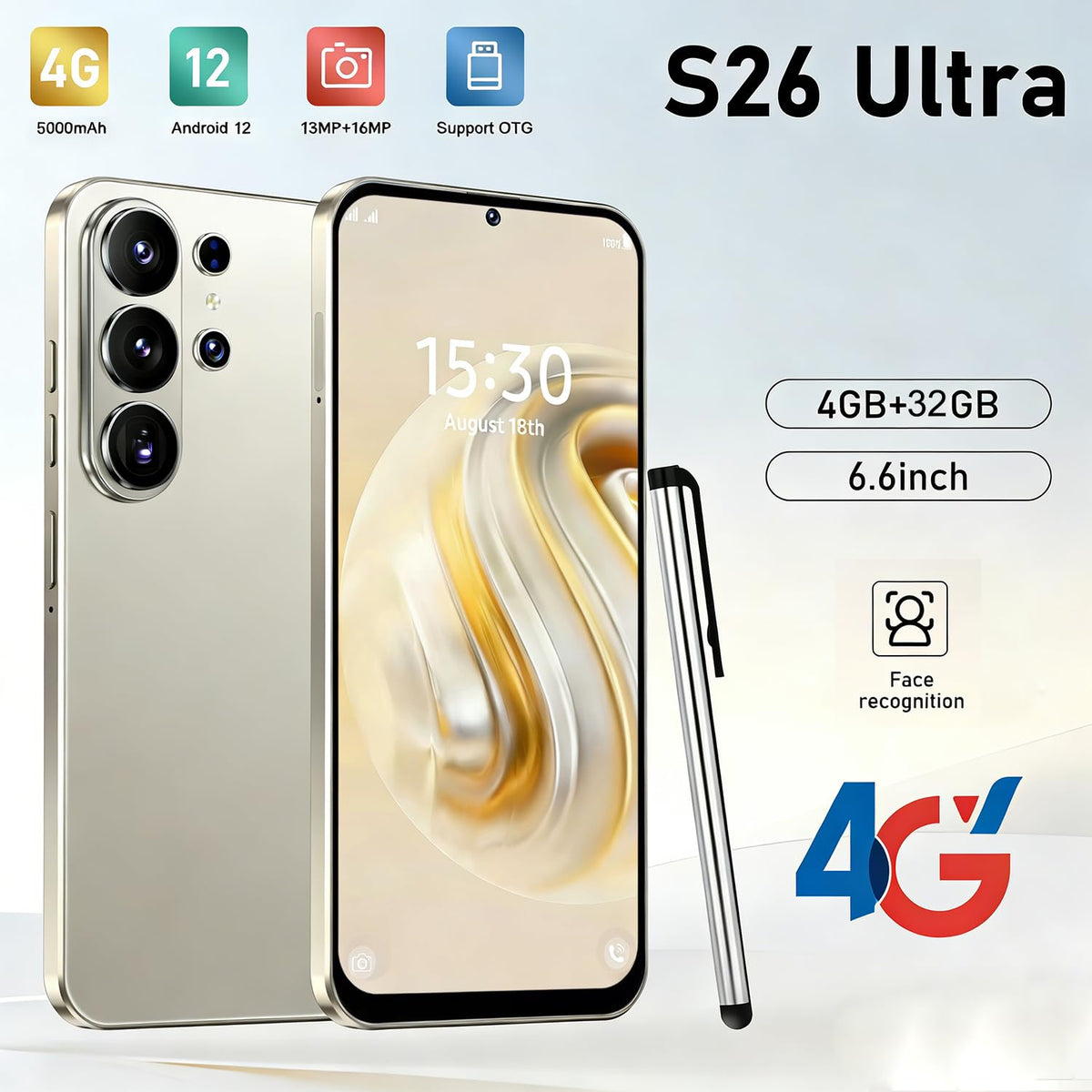 Unlocked 4G Smartphone 6.6" HD Display 4GB RAM 32GB ROM Black S552060