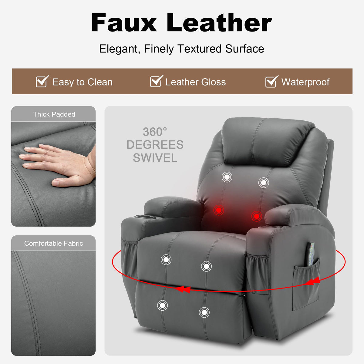 Massage Heat 360° Swivel Rocking Recliner Chair with Remote and Cup Holder U58376