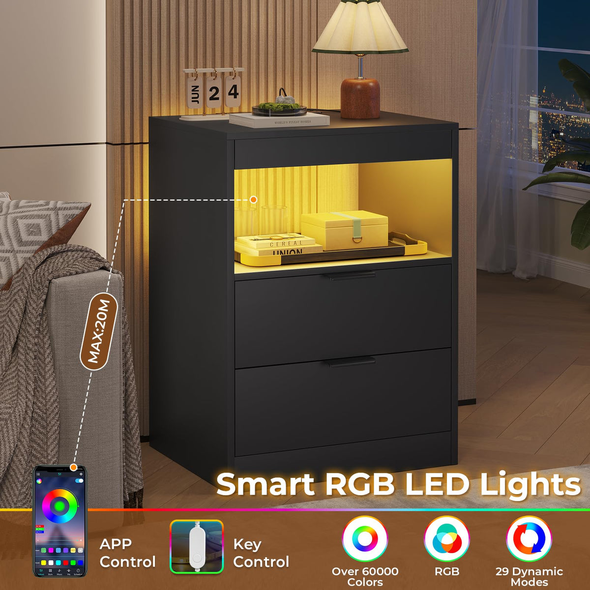 Black LED Nightstand with Wireless Charging Station and 2 Drawers P67784