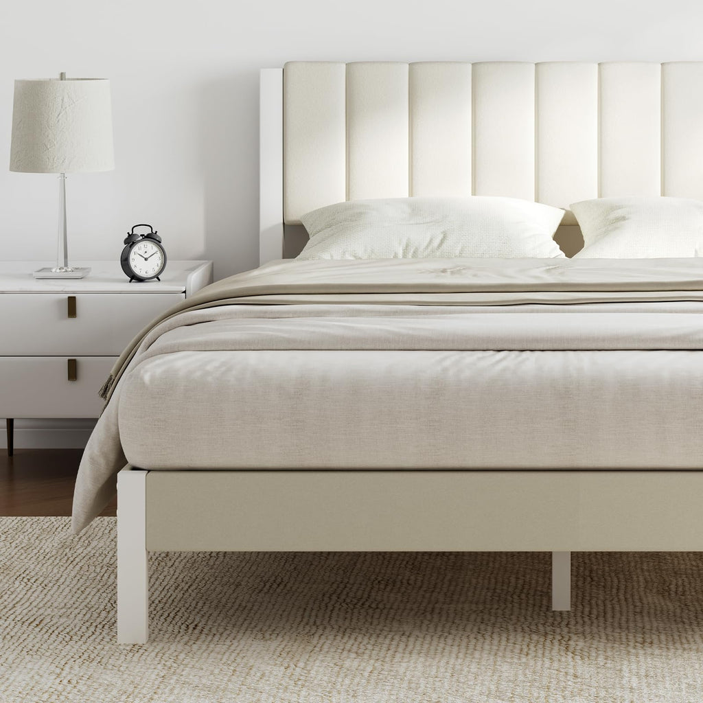 Full Size Metal Platform Bed Frame with Velvet White Headboard E184915