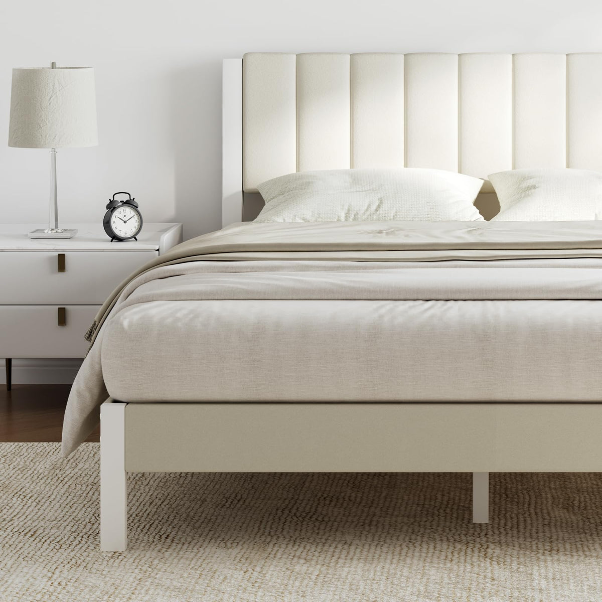 Full Size Metal Platform Bed Frame with Velvet White Headboard E184915