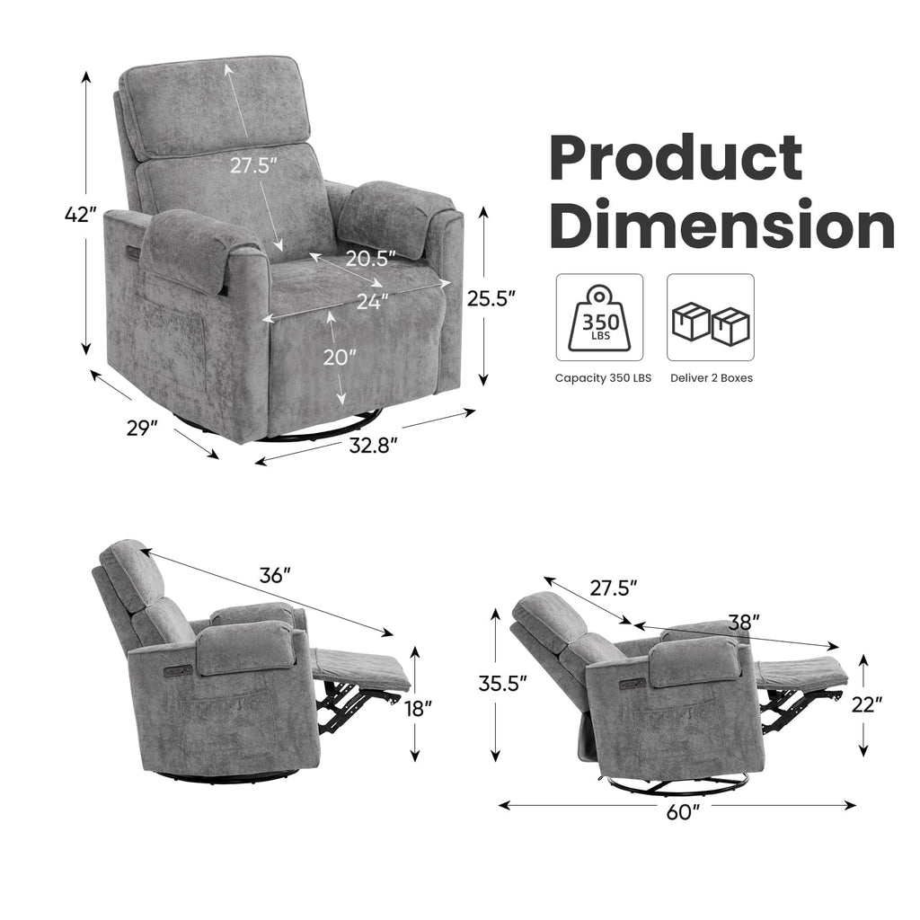 Oversized Swivel Rocking Recliner Chair with USB Ports, Grey R450