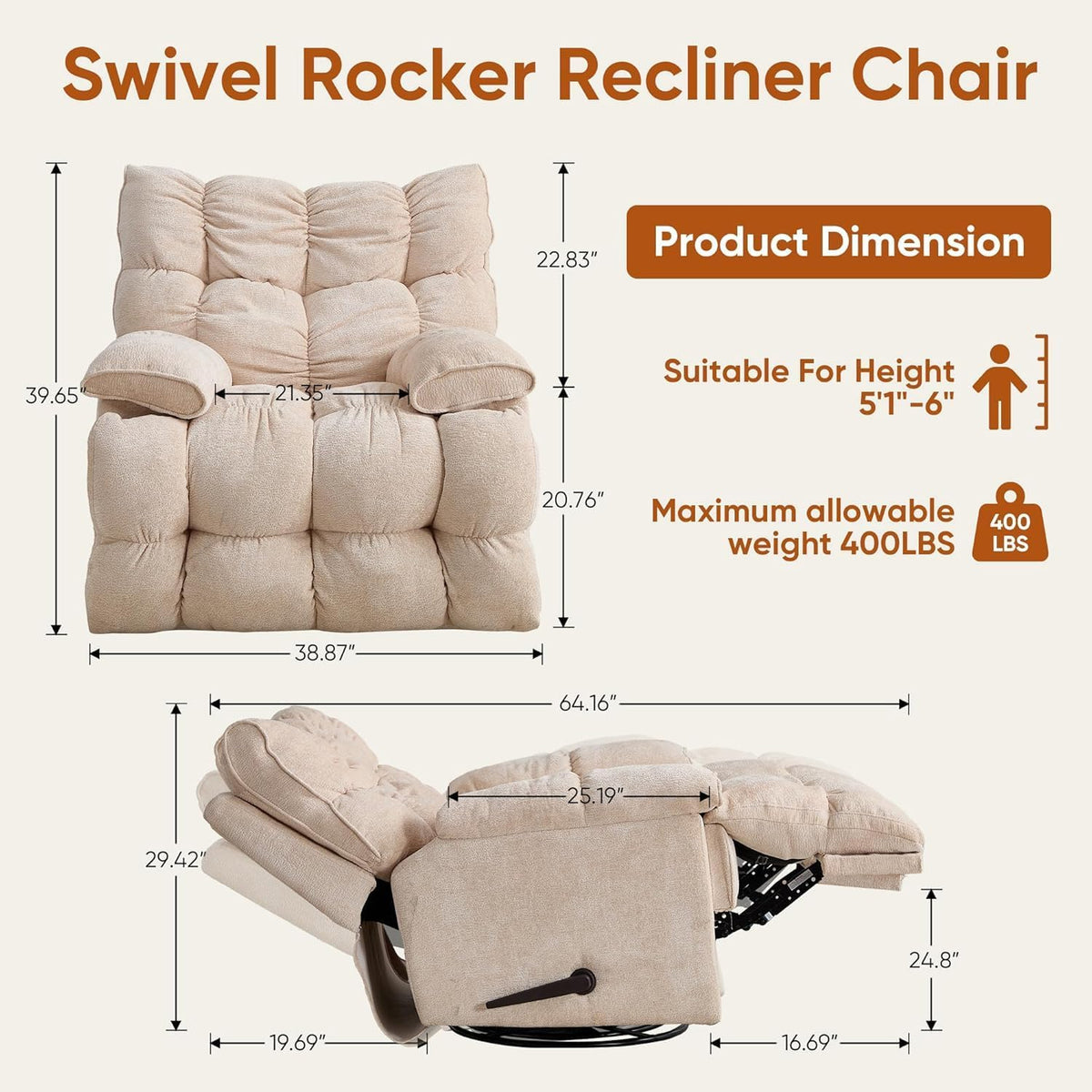 Oversized Swivel Rocker Recliner Chair W25678