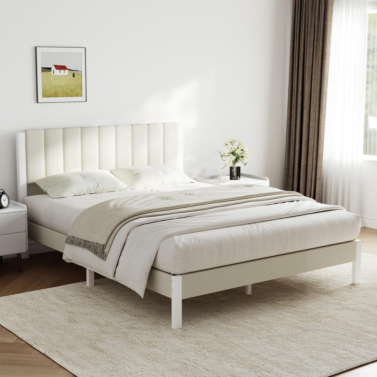 Full Size Metal Platform Bed Frame with Velvet White Headboard E184915
