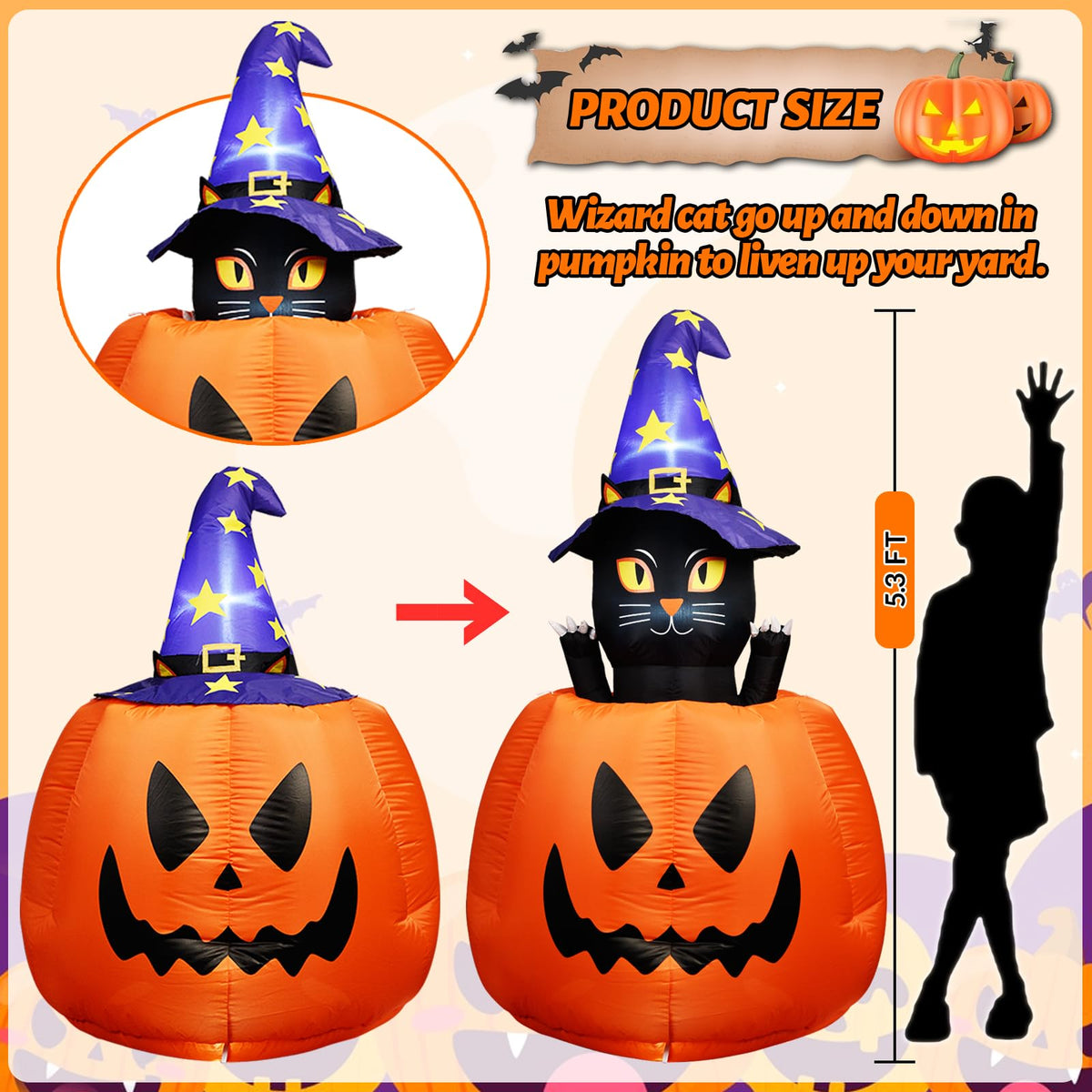 Halloween Inflatable Animated Witch Cat in Pumpkin B772258