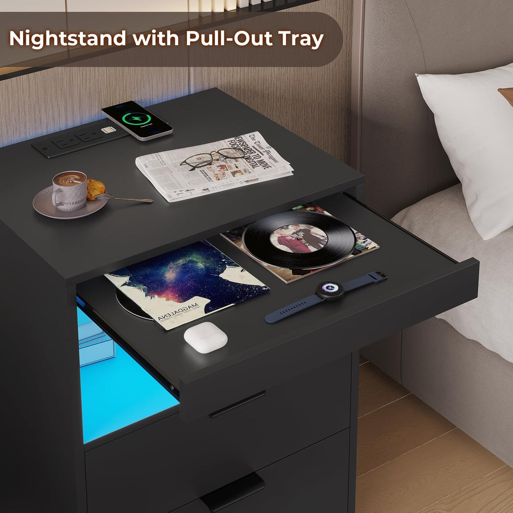 Black LED Nightstand with Wireless Charging Station and 2 Drawers P67784