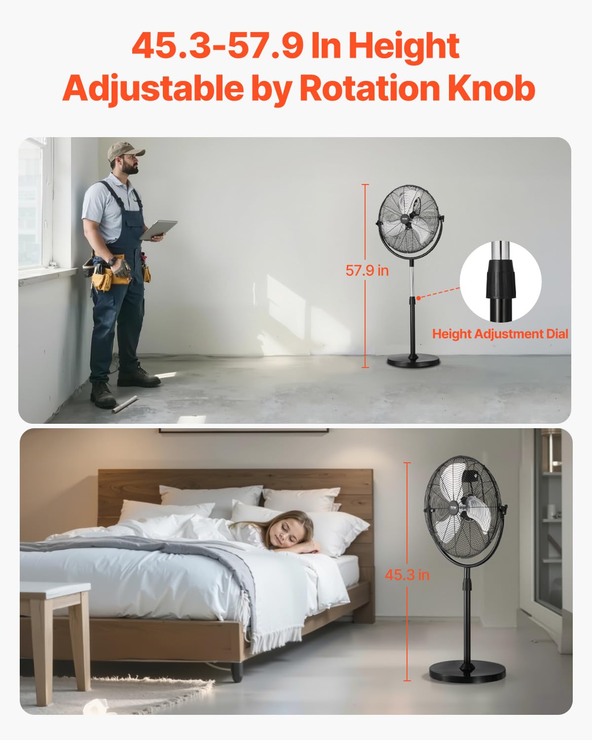 18 Inch Adjustable Height Standing Fan with 3 Speeds, Black V730