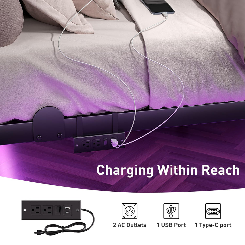 Queen Floating Bed Frame with LED Lights and Charging Station G68573