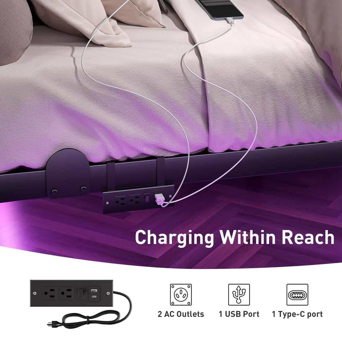 Queen Floating Bed Frame with LED Lights and Charging Station G68573