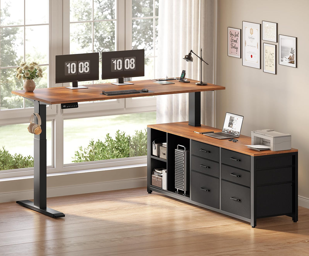 L Shaped Electric Standing Desk, 55" x 55" Height Adjustable Corner Office Desk with 6 Fabric Drawers and Storage Shelves, Stand up Home Office Desk with Power Outlet, Black and Brown B53145
